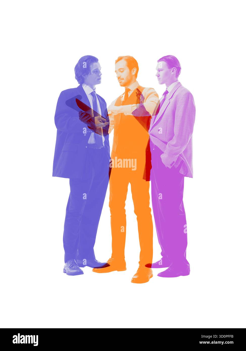 Collage di tre uomini d'affari che discutono i dettagli del progetto che rappresentano la strategia e la leadership aziendale Foto Stock