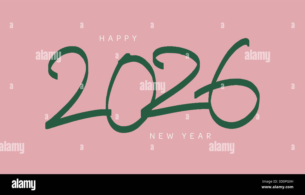 tessera per il nuovo anno in stile doodle 2026 con scritta pastello colorato 2026, divertente stile disegnato a mano per il nuovo anno e le vibrazioni natalizie. Backgro rosa Illustrazione Vettoriale