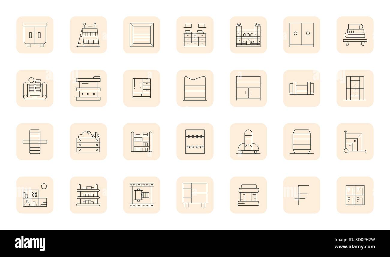 Rivoluzionario set di 28 icone vettoriali con montaggio a griglia ispirate alle scaffalature, create in formato Thin Outline ad alta risoluzione per un'innovazione d Illustrazione Vettoriale