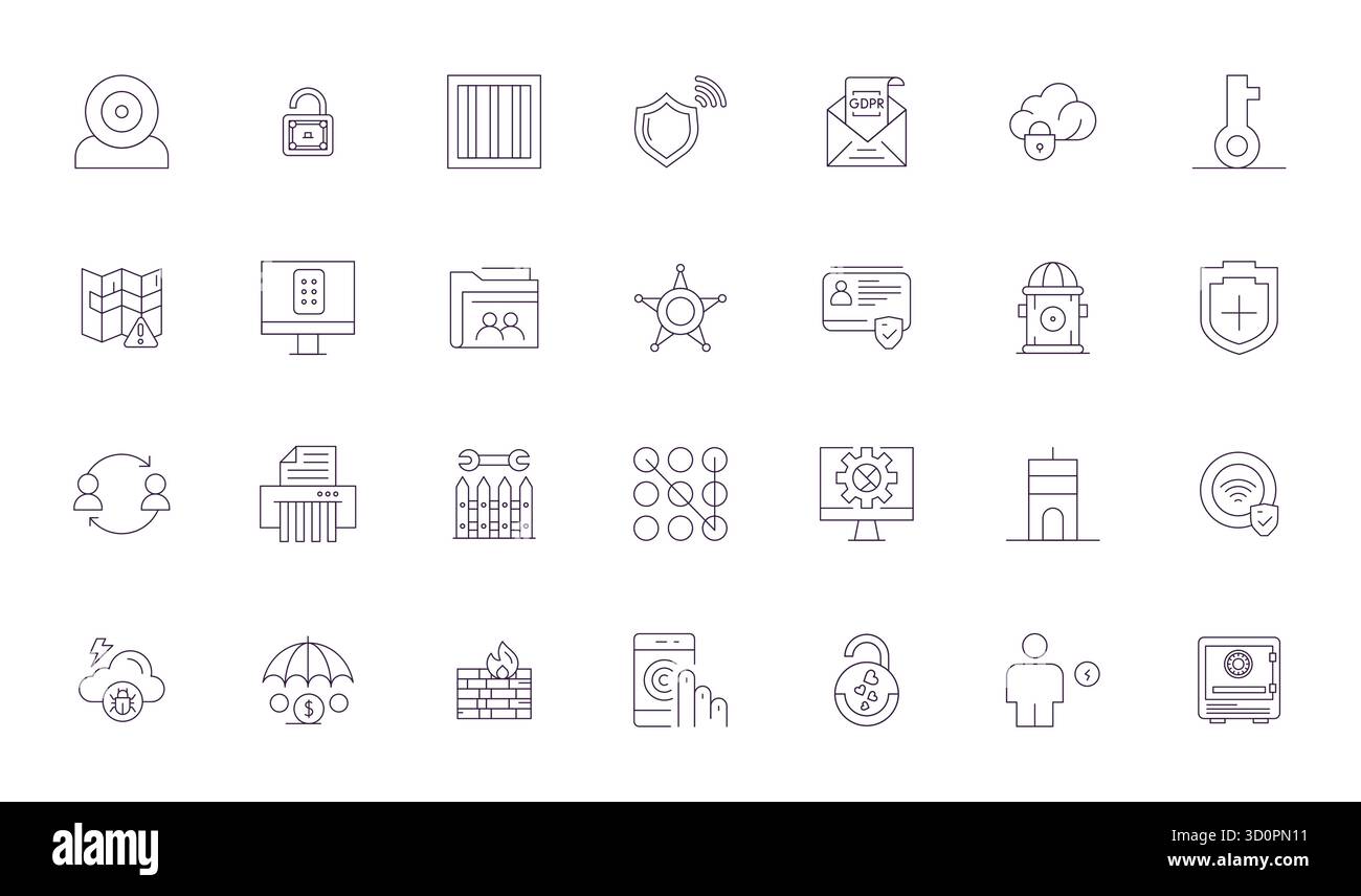 Sofisticato pacchetto di 28 icone vettoriali Thin Line per la sicurezza, progettato con una nitidezza perfetta di 256x256 PIXEL per applicazioni professionali. Illustrazione Vettoriale