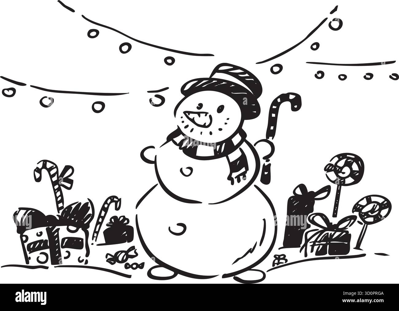 Un allegro pupazzo di neve circondato da una collezione di regali di Natale e caramelle colorate Illustrazione Vettoriale