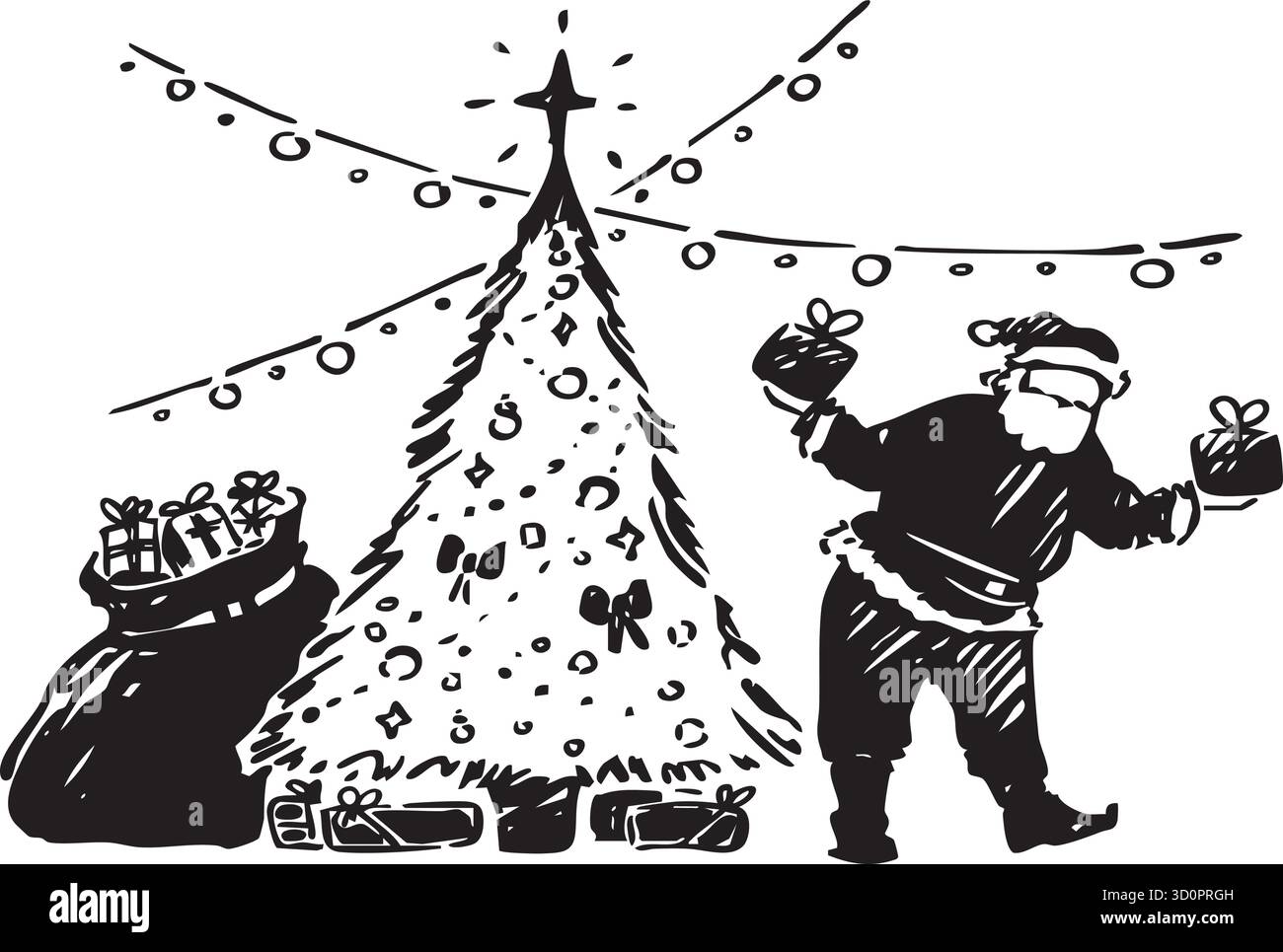 Un'illustrazione raffigurante un Babbo Natale festivo e un albero di Natale splendidamente decorato Illustrazione Vettoriale