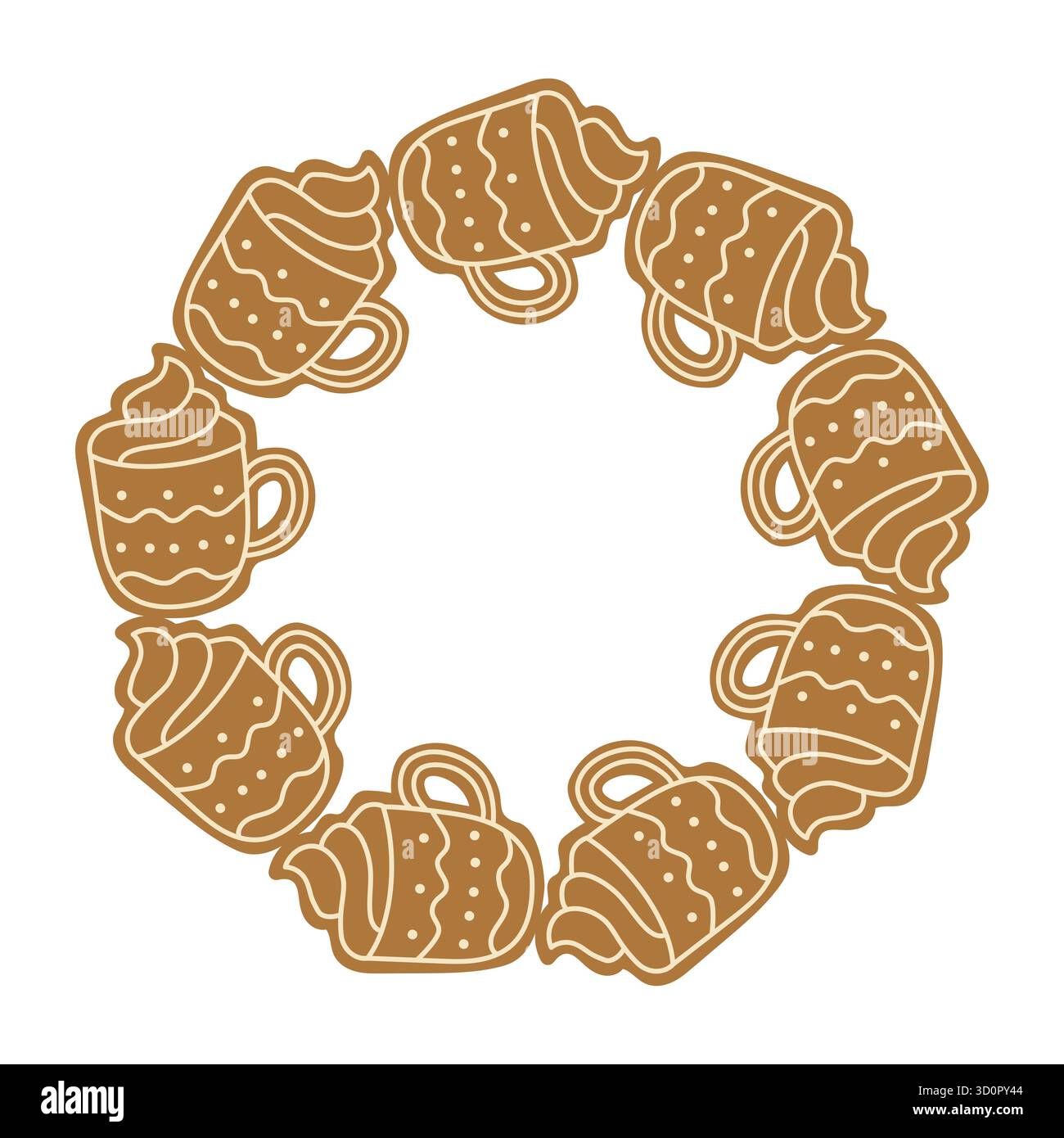 Dieci tazze da caffè marroni sono disposte in cerchio, ciascuna ricoperta di panna e rombi decorativi. Questo design evoca un'atmosfera accogliente e invitante, ideale per l'autu Illustrazione Vettoriale
