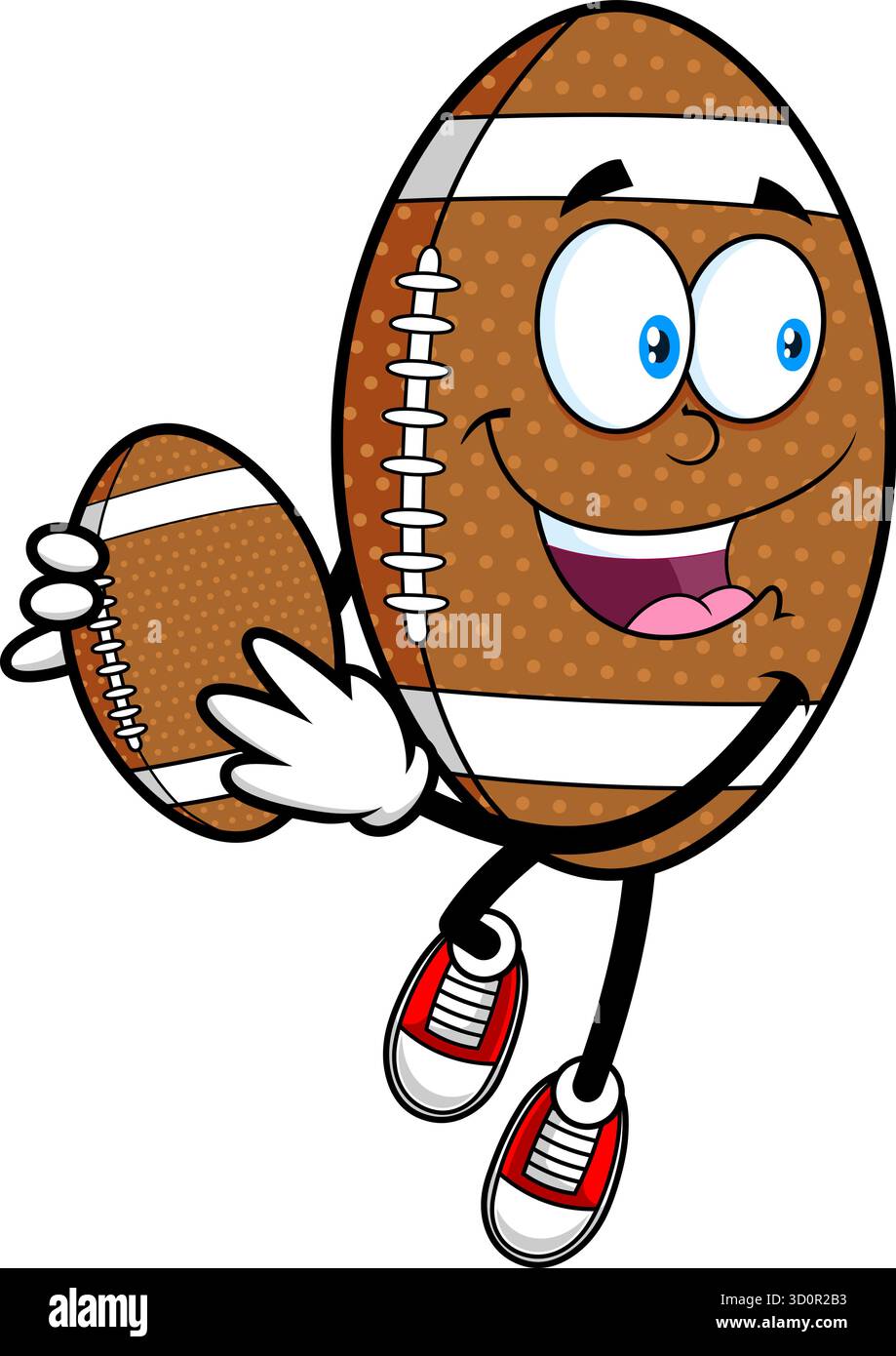 American Football Mascot che tiene il calcio più piccolo e sorridente - illustrazione disegnata a mano vettoriale isolata su sfondo trasparente Illustrazione Vettoriale
