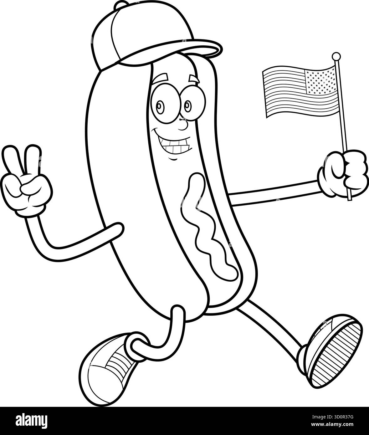 Hot Dog Cartoon Mascot personaggio che corre con American Flag Making Peace Gesture in bianco e nero - illustrazione disegnata a mano vettoriale Illustrazione Vettoriale