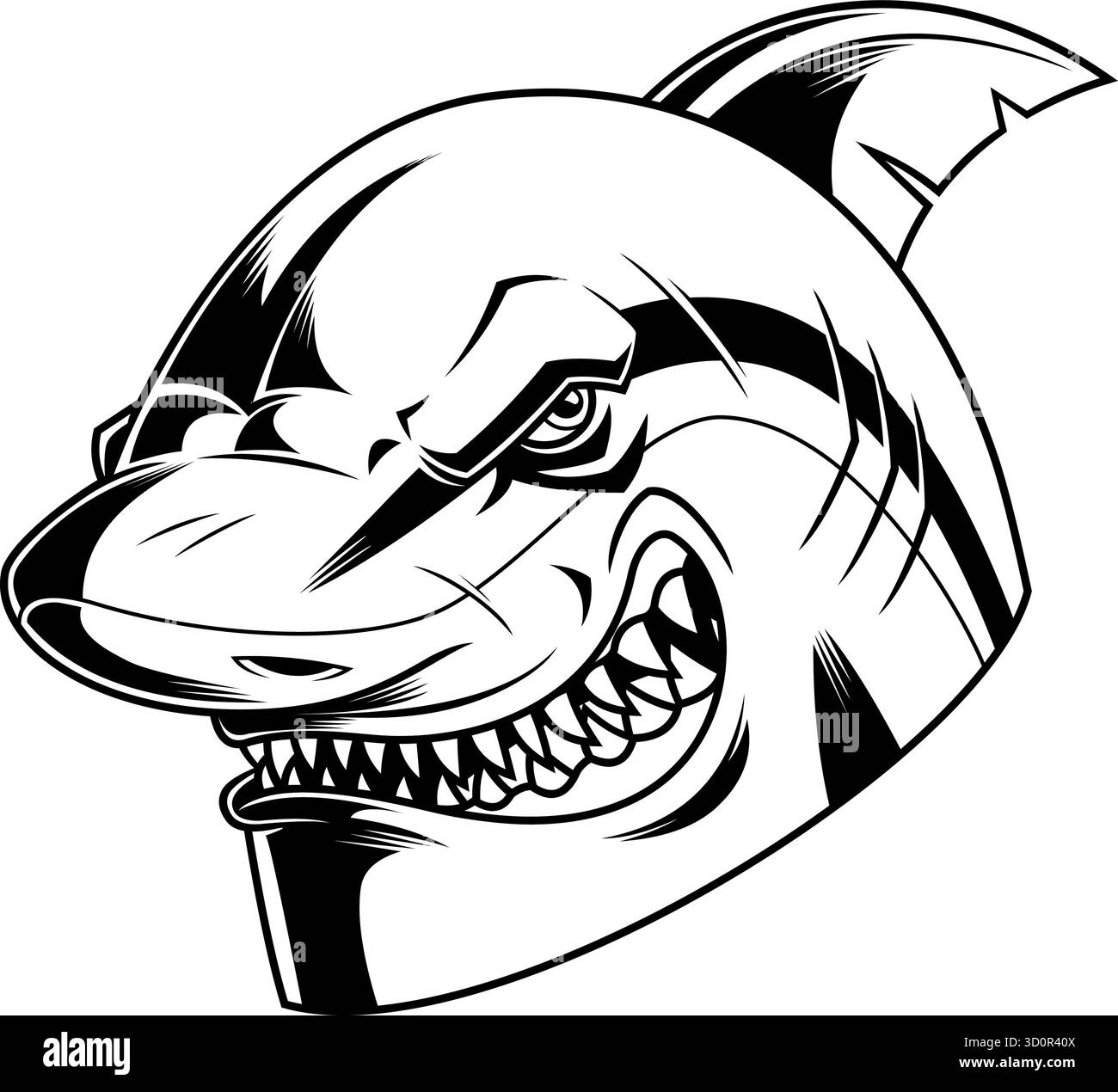 Maschera di squalo arrabbiato bianco e nero con denti affilati - illustrazione disegnata a mano vettoriale isolata su sfondo trasparente Illustrazione Vettoriale