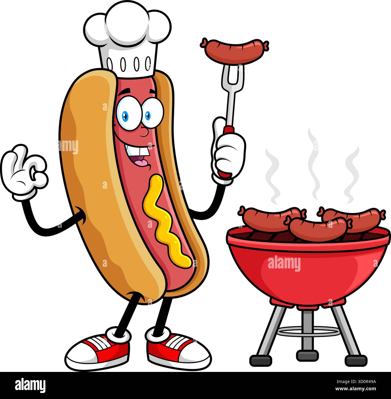 Hot Dog Chef Cartoon Mascot Character Grilling - illustrazione disegnata a mano vettoriale isolata su sfondo trasparente Illustrazione Vettoriale