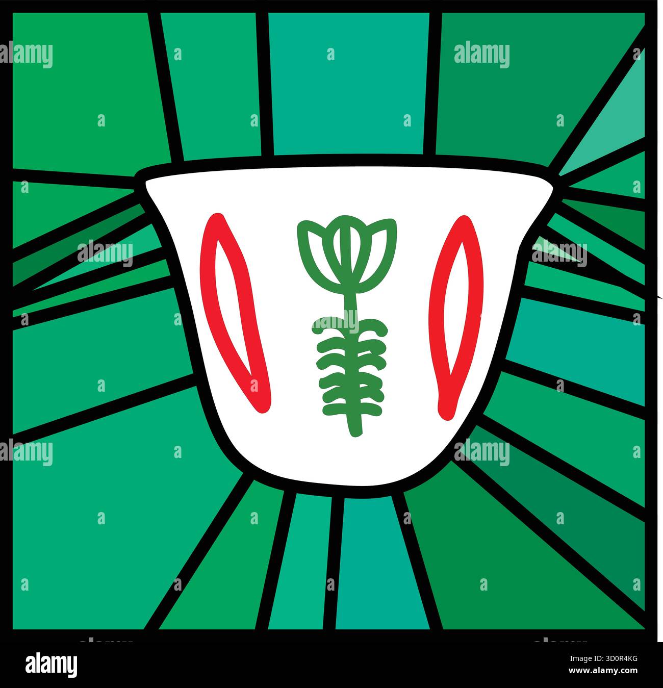 Illustrazione geometrica astratta di una tradizionale tazza di caffè arabo (finjan) con motivi floreali verdi e rossi. Moderno design vettoriale ispirato al Medio Illustrazione Vettoriale