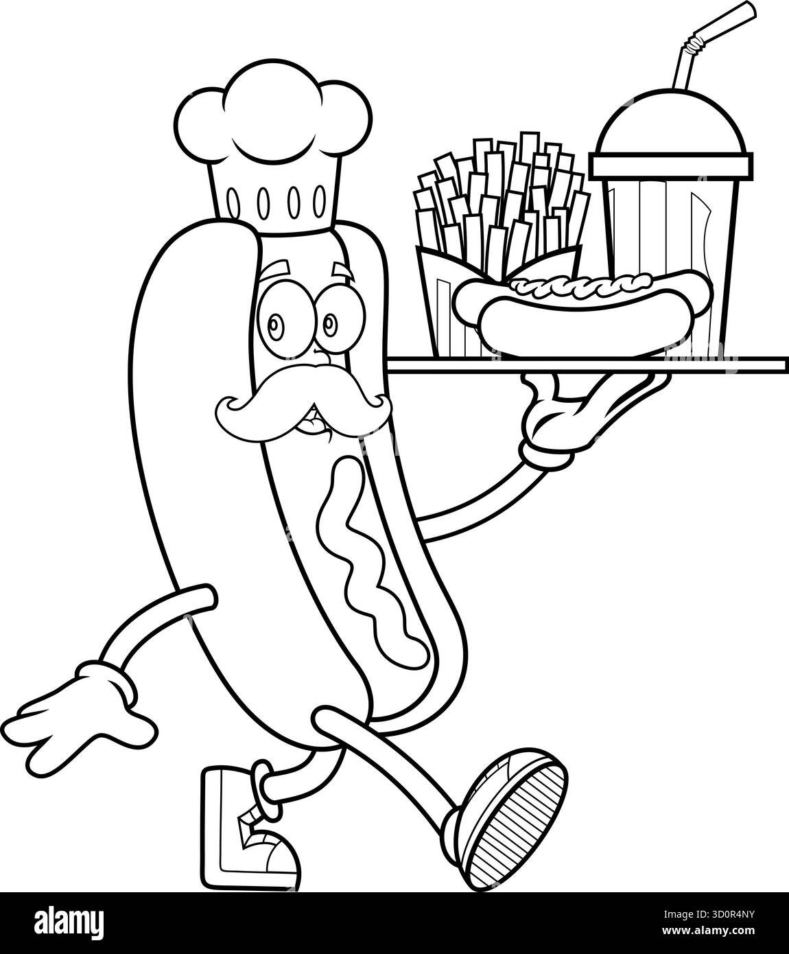 Il personaggio di Cartoon Mascot dello chef Hot Dog serve un vassoio di fast food con patatine fritte e bibite in bianco e nero - illustrazione disegnata a mano dal vettore Illustrazione Vettoriale
