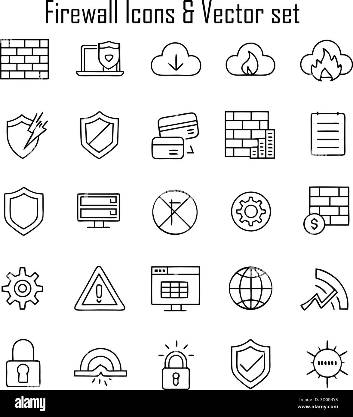 Set di icone firewall, simbolo di sicurezza di rete e protezione informatica, illustrazione vettoriale per IT e tecnologia Illustrazione Vettoriale
