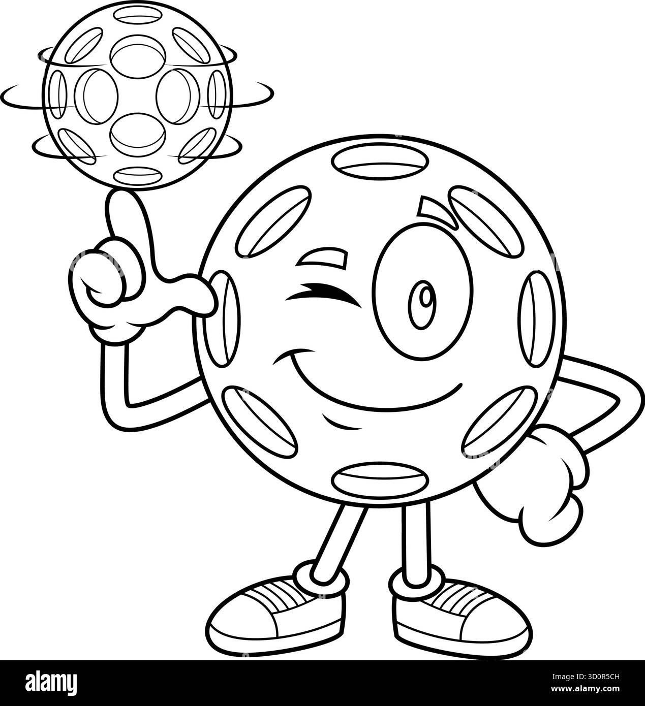 Winking Pickleball Character Spinning Ball on Finger Black and White - illustrazione disegnata a mano vettoriale isolata su sfondo trasparente Illustrazione Vettoriale