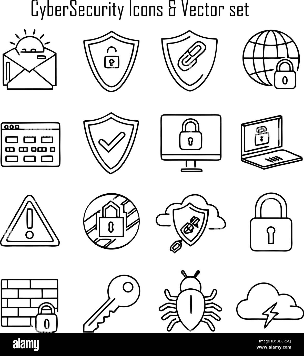 Set di icone Cyber Security, protezione di rete, simboli di sicurezza dei dati e sicurezza IT, illustrazione vettoriale Illustrazione Vettoriale