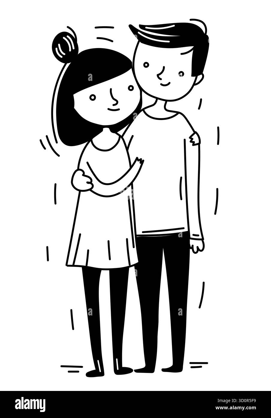 Simpatico doodle di una coppia in piedi vicini, braccia intorno, sorridendo dolcemente. Illustrazione Vettoriale