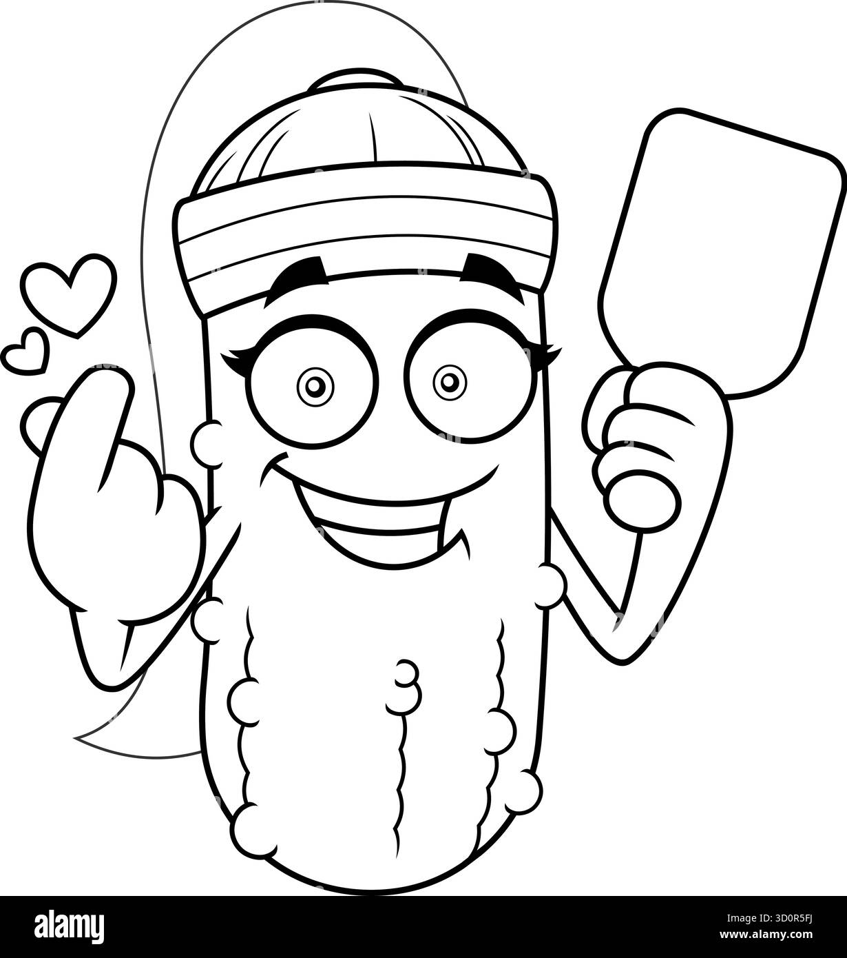 Pickleball Girl Mascot Character Show Love Gesture with Paddle – Black and White Vector Hand Drawn Illustration Illustrazione Vettoriale