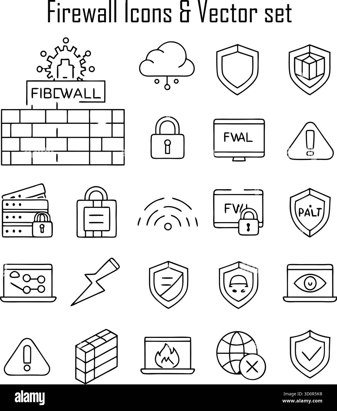 Set di icone firewall, simbolo di sicurezza di rete e protezione informatica, illustrazione vettoriale per IT e tecnologia Illustrazione Vettoriale