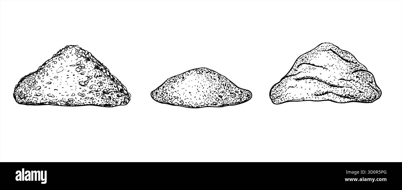 Clip art per illustrazioni vettoriali in polvere di farina monocromatiche dipinte da inchiostri neri in stile lineare. Schizzo grafico del set di spezie aromatiche. Illustrazione Vettoriale