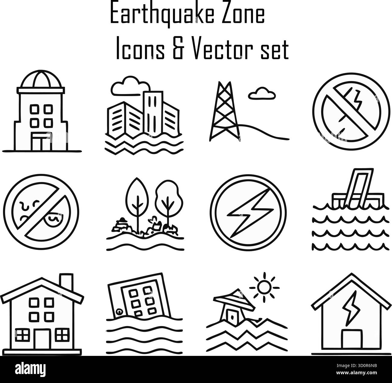 Set di icone della zona terremoto, simbolo di attività sismica, illustrazione di catastrofi naturali e avvertenze di sicurezza Illustrazione Vettoriale