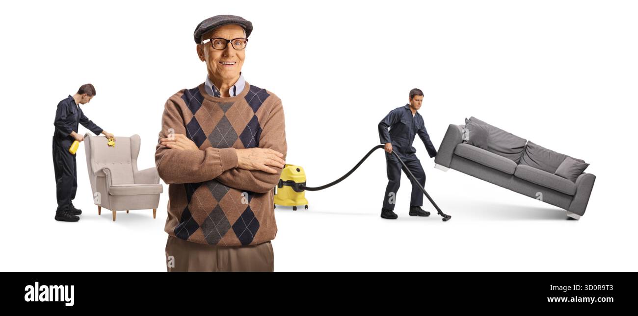 Uomo anziano che assume un servizio di pulizia per pulire i mobili isolati su sfondo bianco Foto Stock