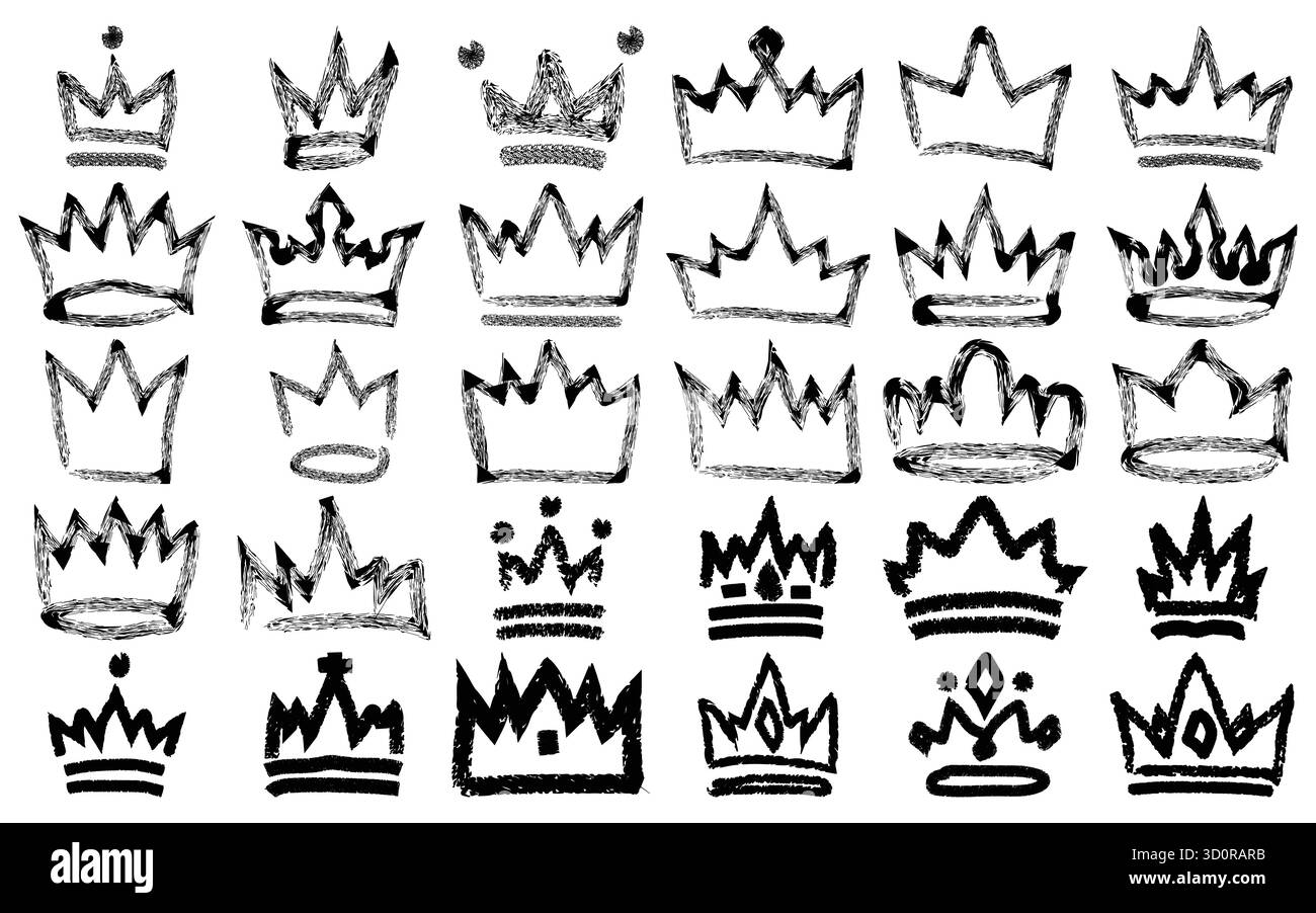 Set di schizzi di corone disegnate a mano - Collezione di icone vettoriali Royal Doodle Illustrazione Vettoriale