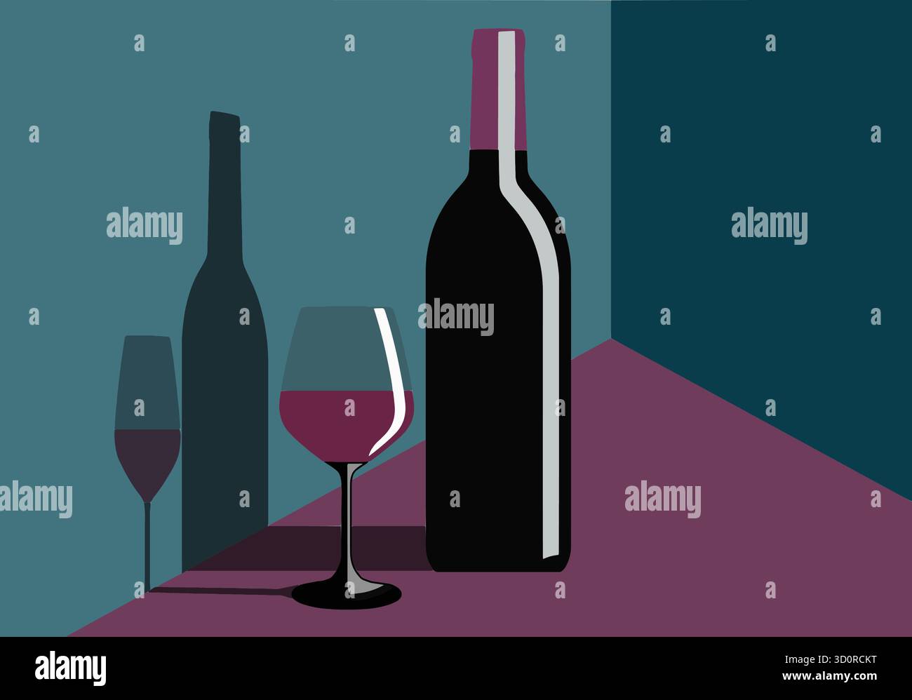 Un bicchiere di vino rosso e una bottiglia di vino sono visti all'altezza del sole e gettano ombre su un muro in un'illustrazione in 3D sui vini pregiati. Illustrazione Vettoriale