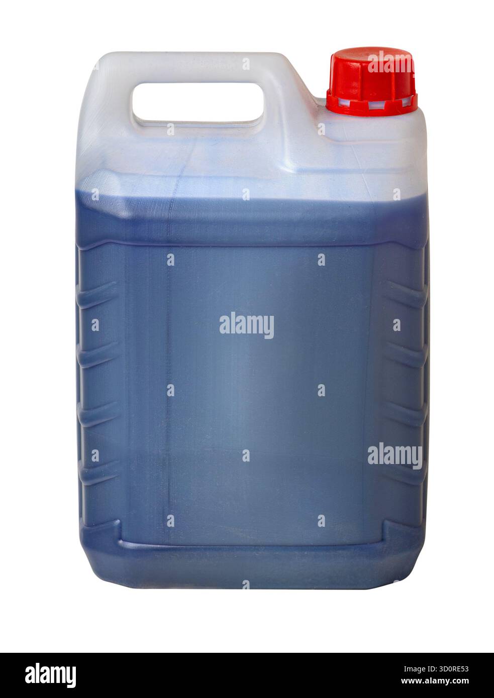 Detergente liquido blu riempimento di un contenitore di sostanze chimiche in plastica traslucida su sfondo trasparente Foto Stock
