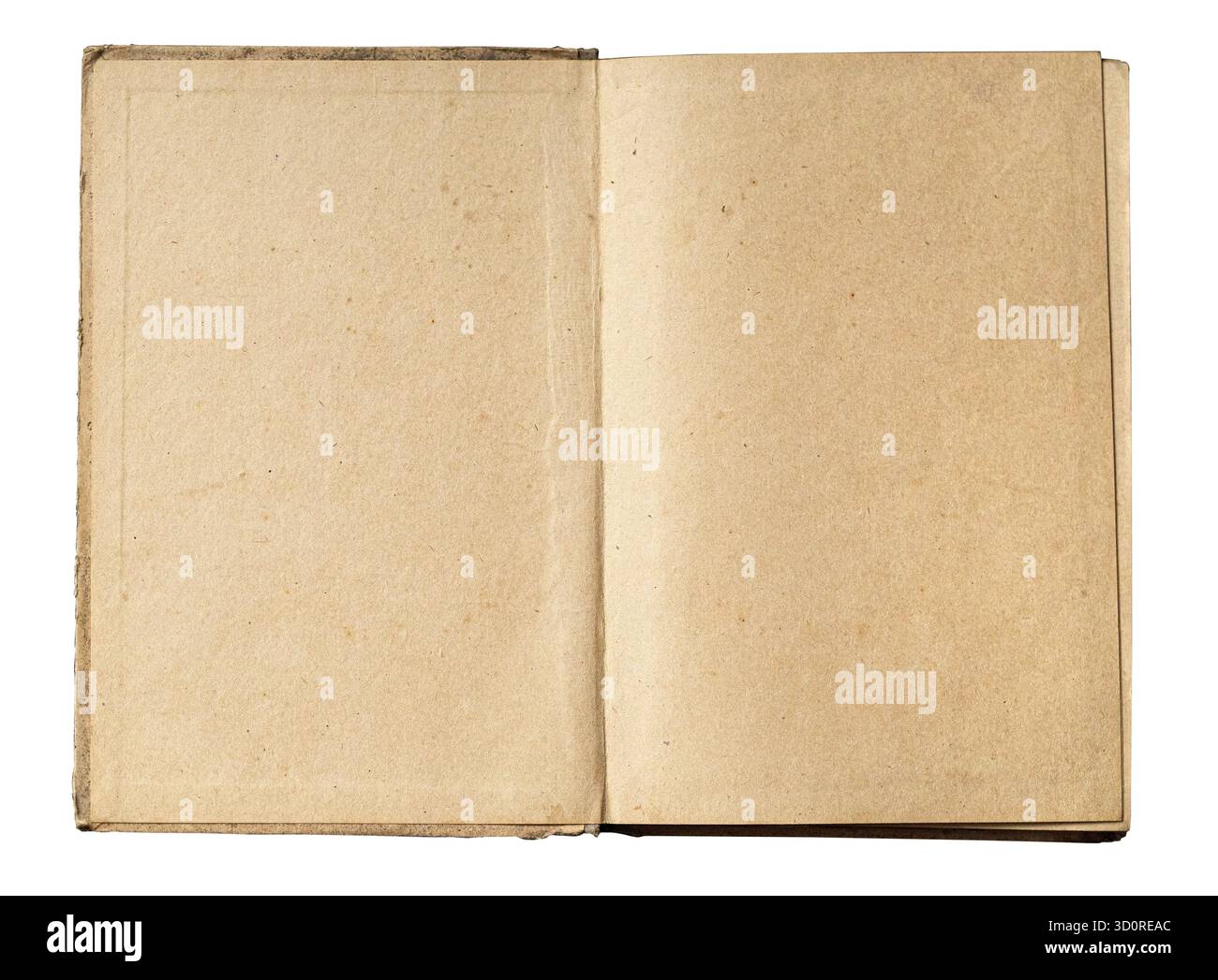 Libro aperto con trama di carta bianca invecchiata, che offre spazio per la copia. Sfondo trasparente Foto Stock