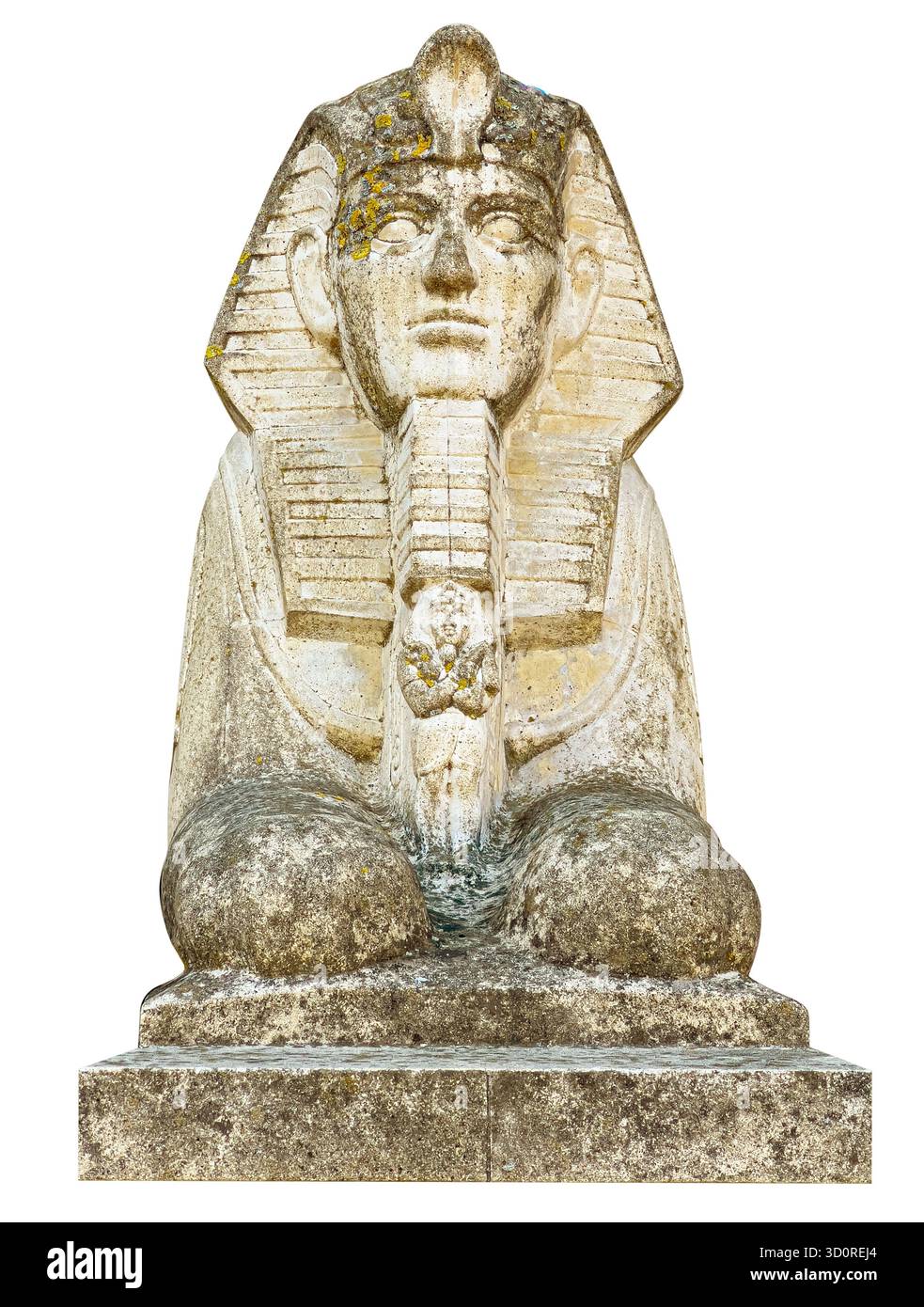 Scultura in pietra raffigurante una creatura leggendaria con la testa di un faraone e il corpo di un leone, su sfondo trasparente Foto Stock