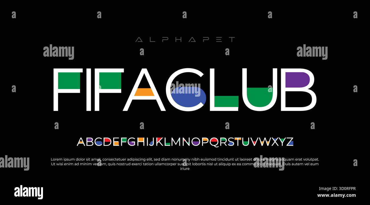 FIFACLUB Modern Bold Sans Serif font maiuscolo caratteri minuscoli per sport, moda, tecnologia, Digital Logo Design, illustrazione vettoriale colorata, urban Illustrazione Vettoriale