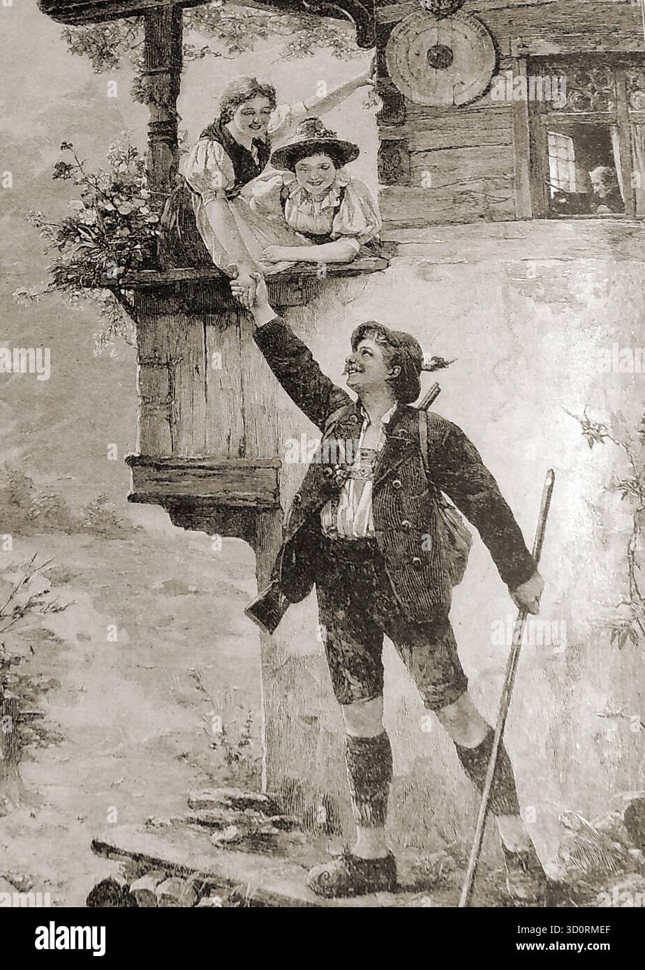 1897 incisione di una guida alpina svizzera che parte di casa per andare al lavoro. --- Gravure de 1897 représentant un guide de montagne suisse Quittant son domicile pour se rendre au travail. -- Kupferstich von 1897 mit einem Schweizer Bergführer, der Sein Zuhause auf dem Weg zur Arbeit verlässt. --- Foto Stock