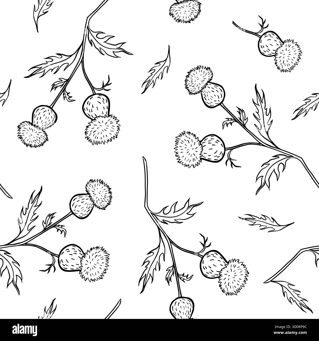 Inchiostro bianco e nero senza cuciture che mostra i rami del burdock con foglie e palle del burdock, ripetuti su tutta la superficie. Perfetto per tessuti botanici Illustrazione Vettoriale