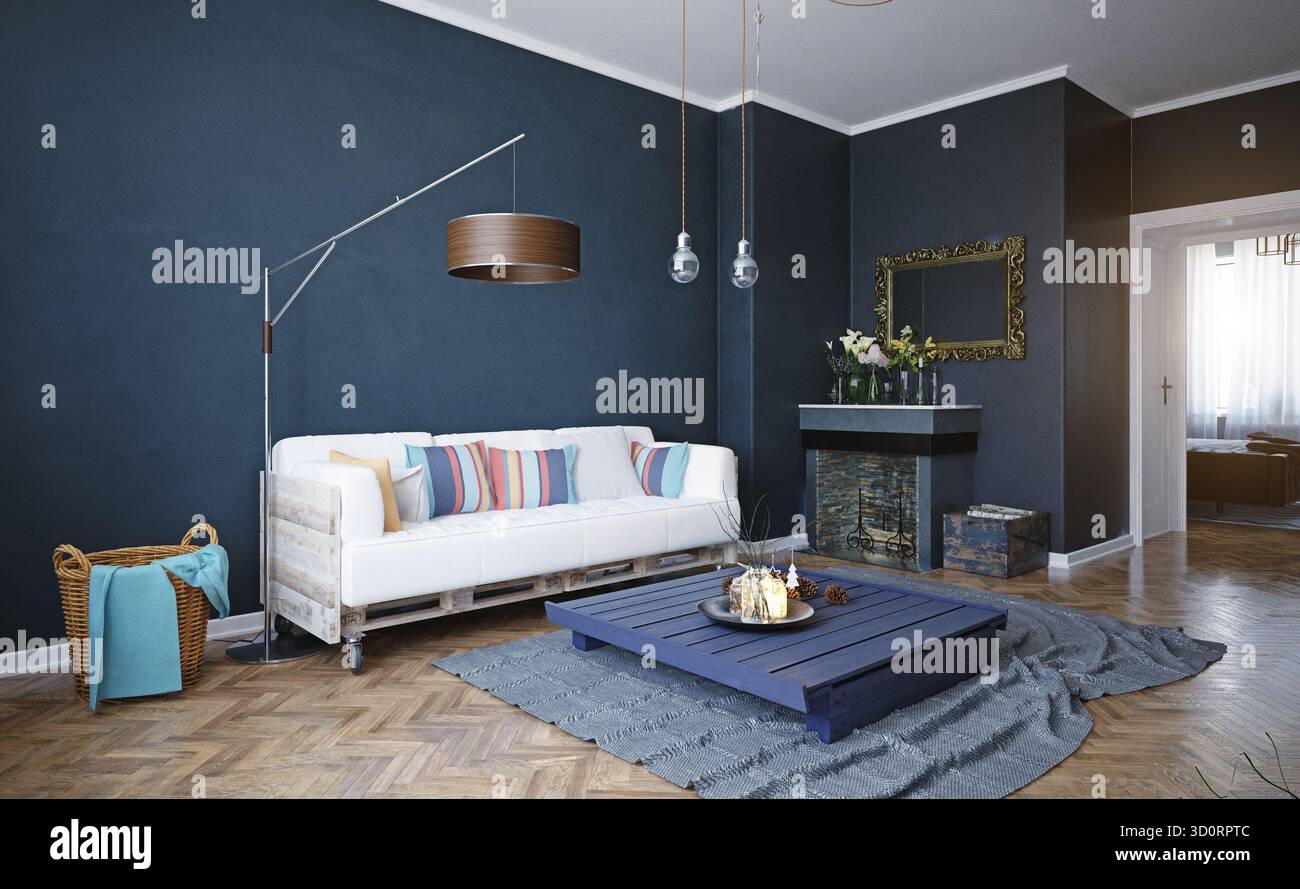 Una rappresentazione in 3d di un soggiorno contemporaneo con pareti blu scuro e pavimento in parquet a spina di pesce, con un divano pallet bianco, un tavolino blu, Foto Stock
