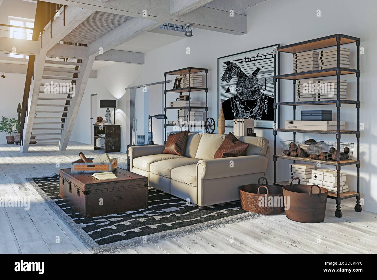 Un moderno soggiorno industriale soleggiato con soffitti alti, travi a vista e pavimenti in legno imbiancato. Lo spazio dispone di un divano beige e di un bagagliaio Foto Stock