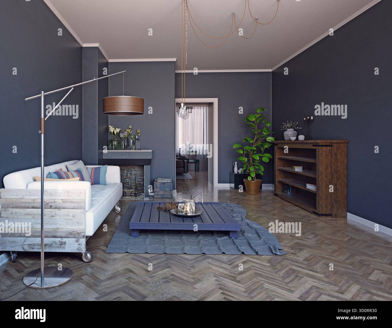 Interni eleganti e moderni con pareti grigio scuro, pavimento in parquet a spina di pesce e mobili eclettici. La scena presenta un divano bianco, un Foto Stock