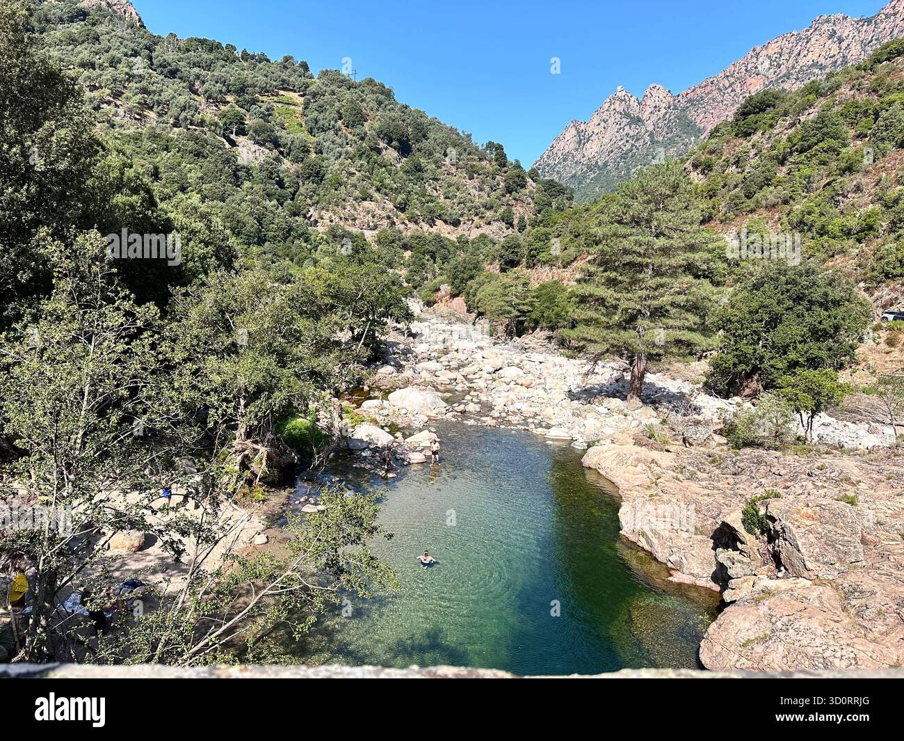 Una piscina naturale in un fiume di montagna cristallino circondato da foreste lussureggianti e vette rocciose in Corsica, Francia. Selvaggio paesaggio estivo. - Immagine stock catturata con smartphone
