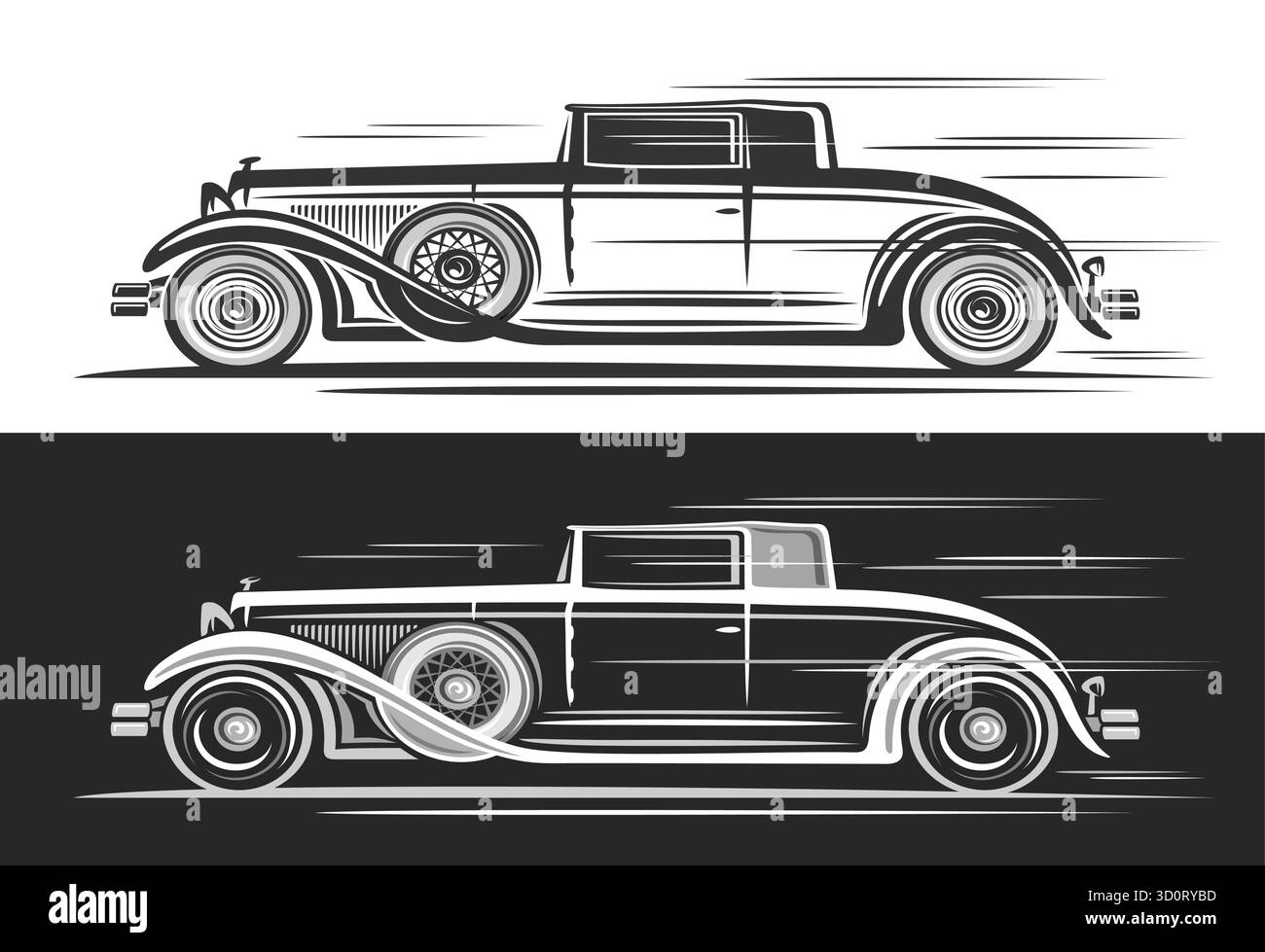 Logo vettoriale per auto coupé d'epoca, banner decorativi per automobili con illustrazione di una vecchia auto temporizzata monocromatica in movimento, clip art disegnata a mano di runni Illustrazione Vettoriale