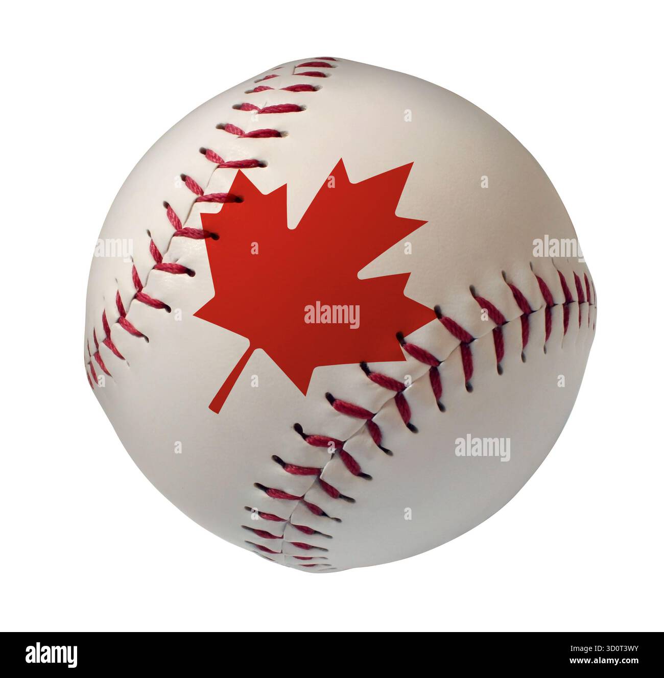 Canadian Baseball Ball e Softball Fronm Canada isolato su sfondo bianco come una foglia d'acero rosso come uno sport con una sfera in pelle bianca A. Foto Stock