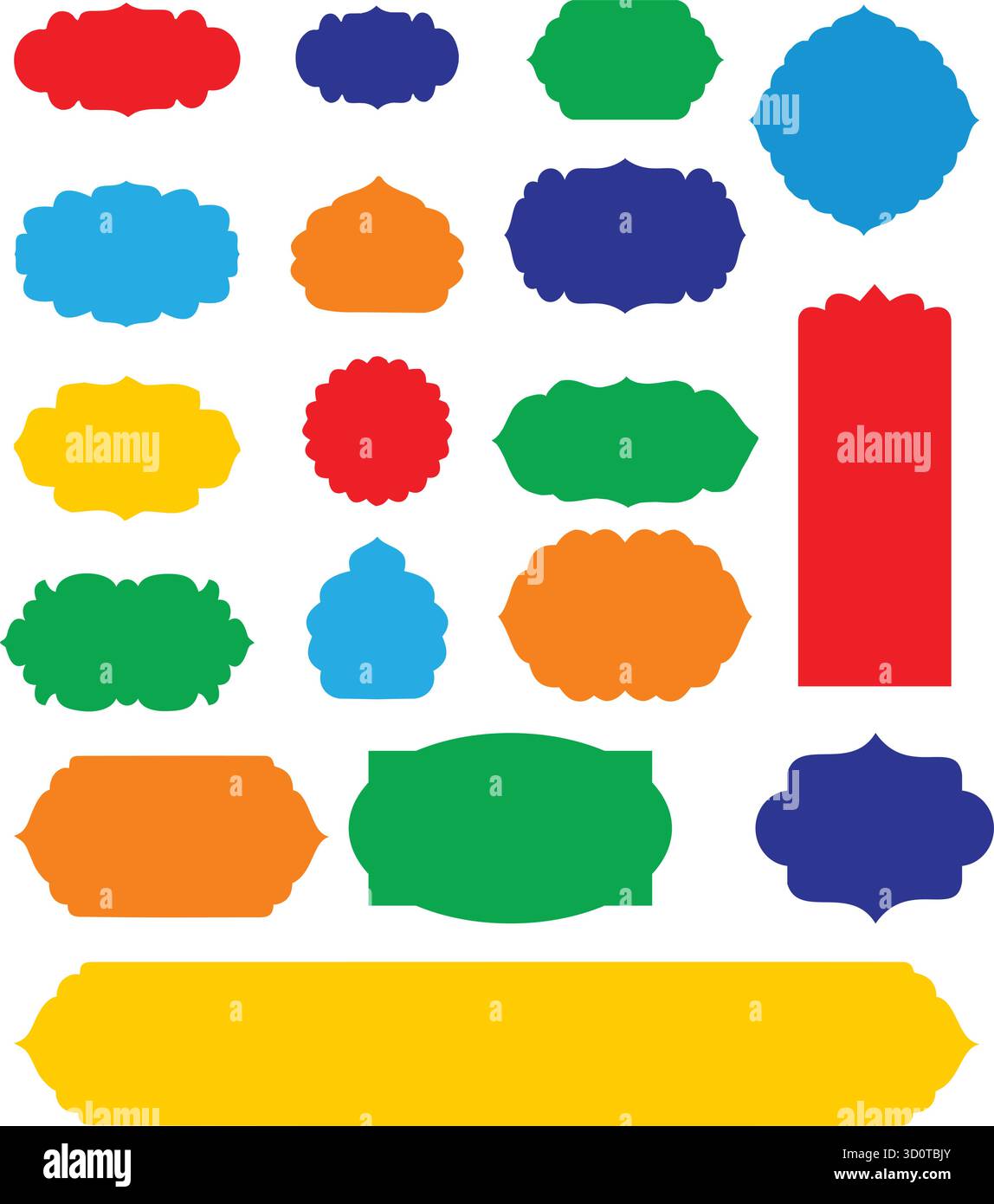 Set EPS con cornici classiche, etichette SVG, cornici decorative ed etichette bordo striscione vettoriale con forme ricciose Illustrazione Vettoriale