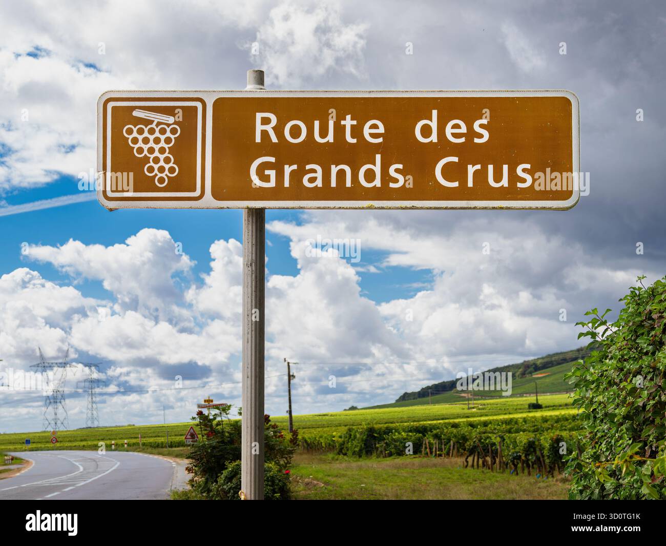 Route des Grands Crus è una famosa strada del vino nella regione francese della Borgogna, rinomata per i suoi paesaggi pittoreschi e i prestigiosi vigneti. Foto Stock