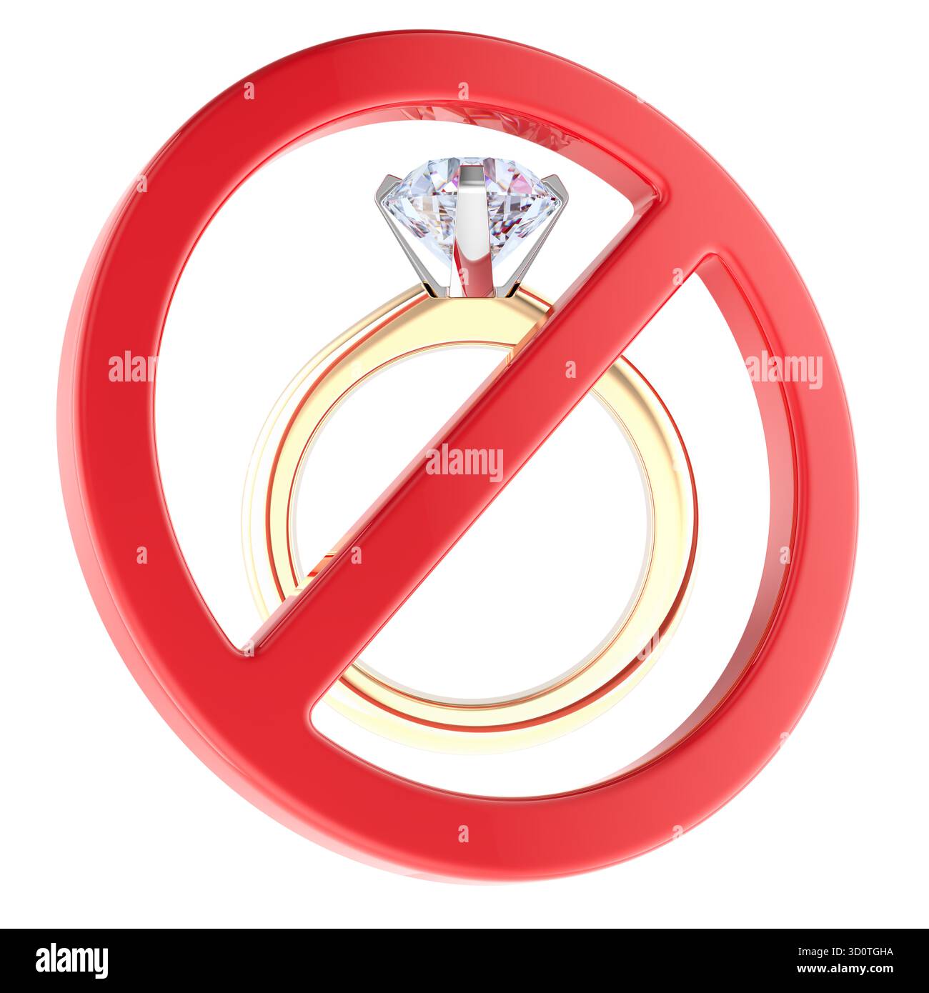 Simbolo di divieto con anello diamantato. Nessun segno di matrimonio. Rendering 3D isolato su sfondo bianco Foto Stock