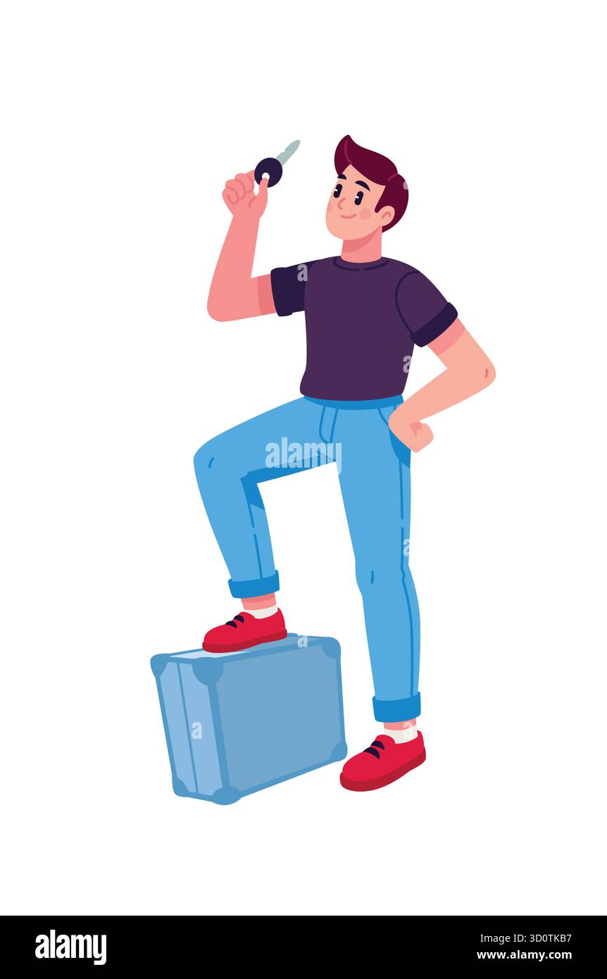 Illustrazione di un uomo con una chiave e una valigetta. Comprare immobili o immagazzinare oggetti in una cassaforte della banca. Processi aziendali. Adatto per la creazione di chara Illustrazione Vettoriale