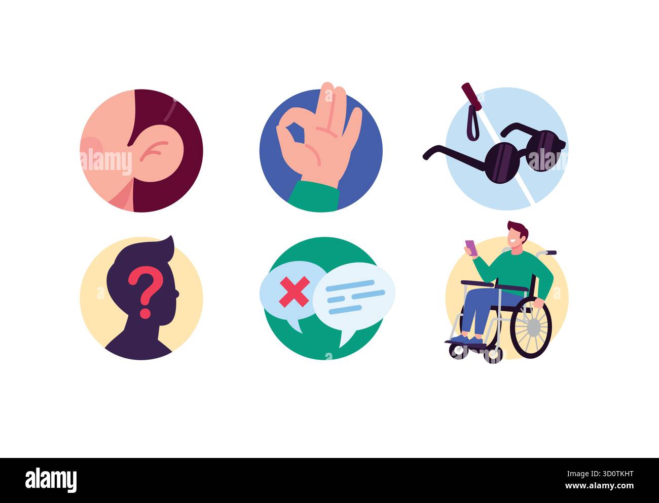 Icone che simboleggiano l'accessibilità: Un orecchio, un gesto "ok", occhiali per non vedenti, un punto interrogativo nel profilo, finestre di dialogo e un pe Illustrazione Vettoriale