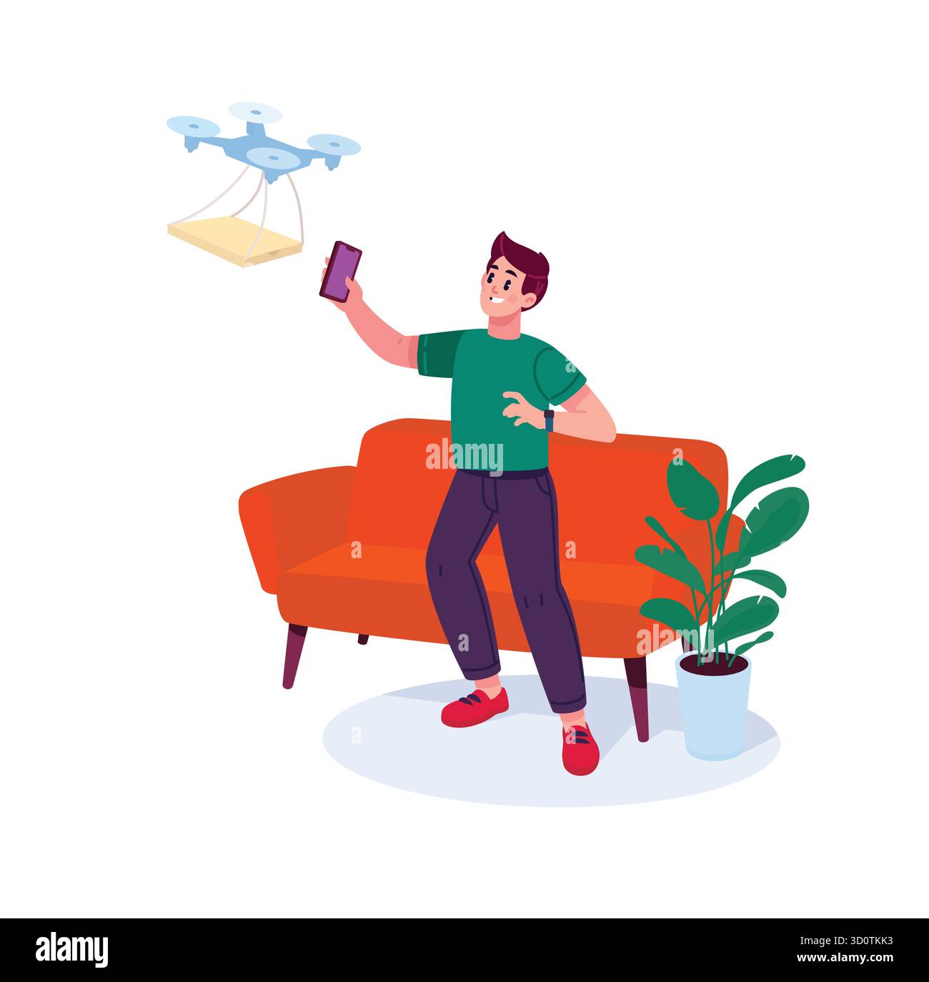 Illustrazione di un giovane uomo e di un corriere con pizza sullo sfondo dei mobili. Vettore. Consegna a domicilio di cibo. Stile piatto. Materiali per c Illustrazione Vettoriale