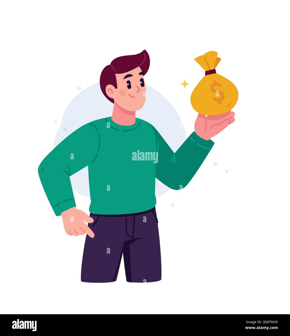 Un giovane con un sacco di dollari compra in contanti. Saldo del conto. L'immagine della tecnologia finanziaria e dei pagamenti digitali. Il concetto di pagamento, fin Illustrazione Vettoriale