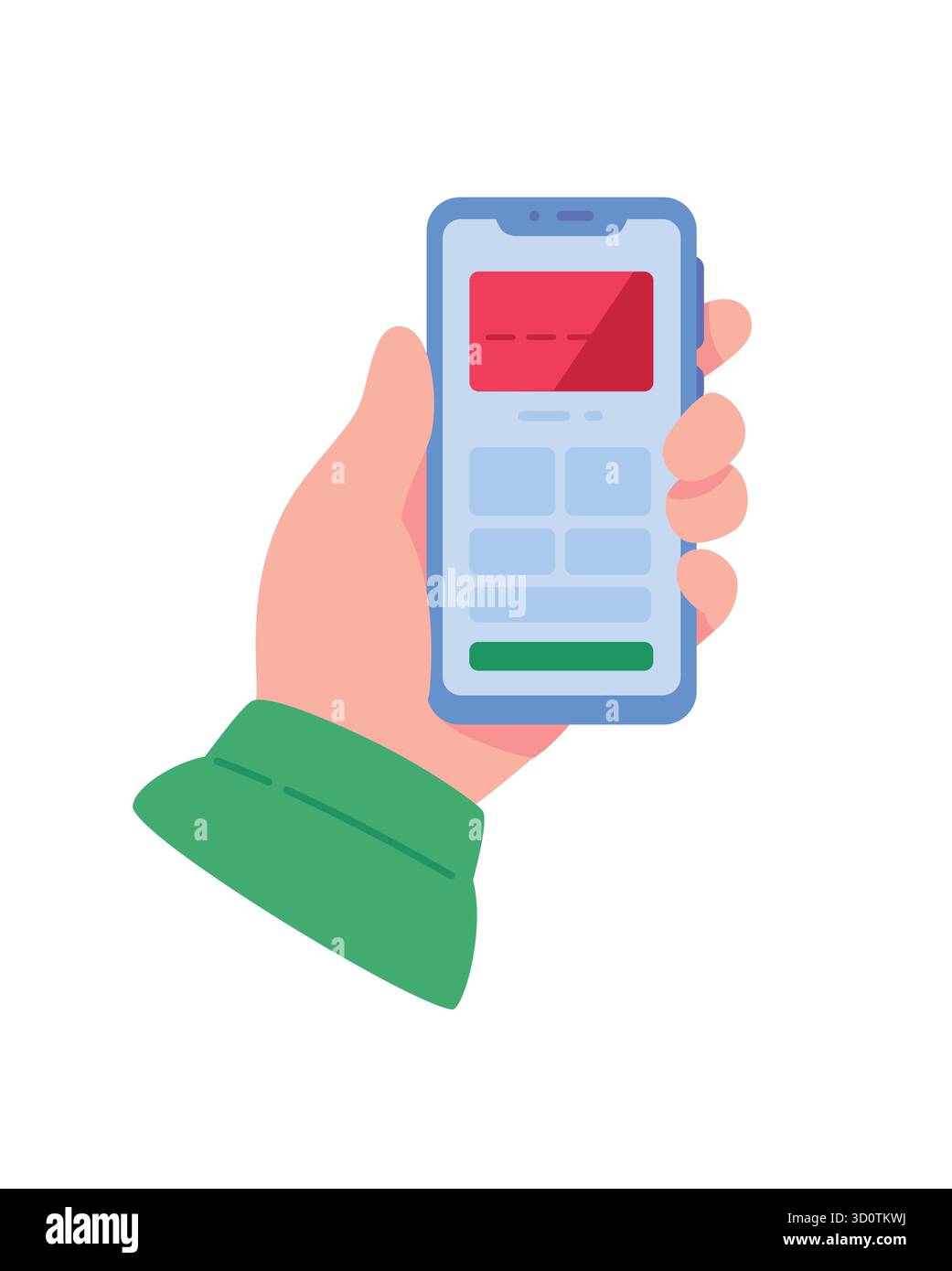 Immagine di una mano che regge uno smartphone. Carta di credito o debito sullo schermo del telefono. Simbolo dei pagamenti non in contanti e dei servizi bancari. Il concetto Illustrazione Vettoriale