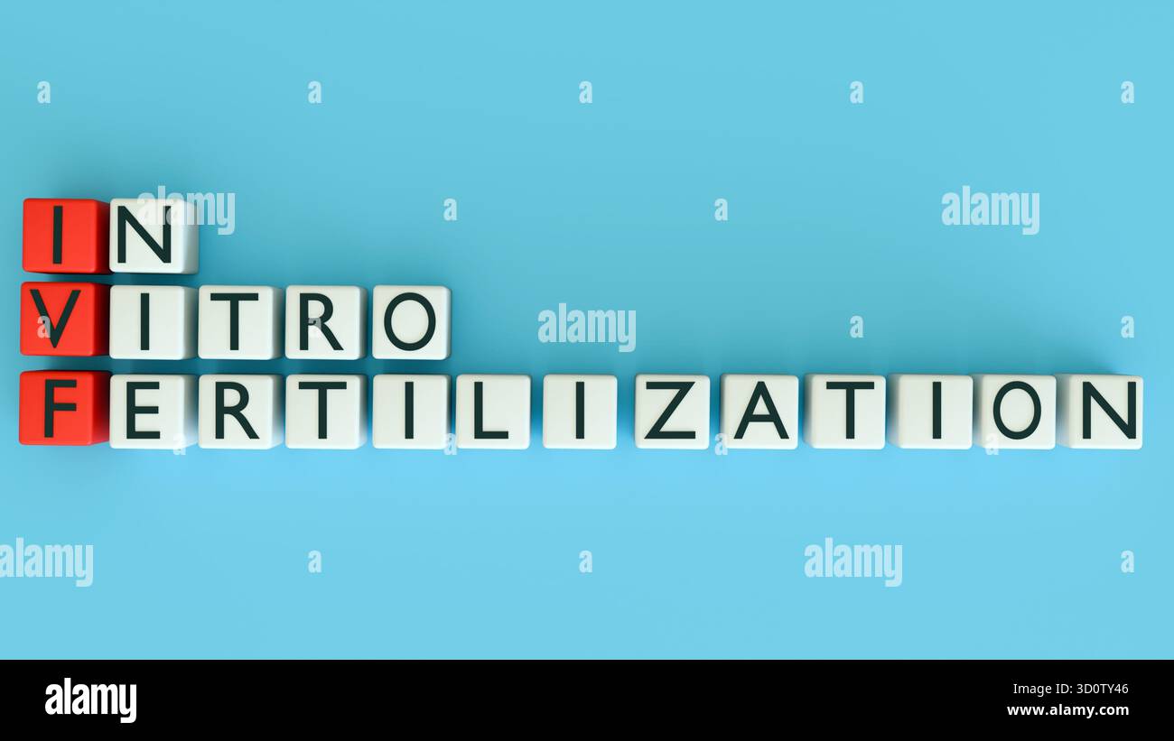 Un'illustrazione 3d di blocchi di lettere che indicano "FECONDAZIONE IN VITRO" e "IVF" Foto Stock