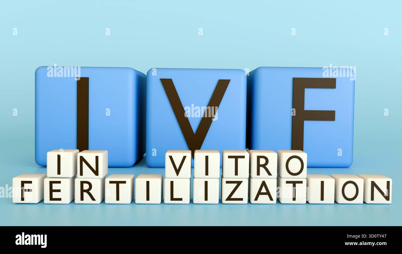 Un'illustrazione 3d di blocchi di lettere che indicano "FECONDAZIONE IN VITRO" e "IVF" Foto Stock