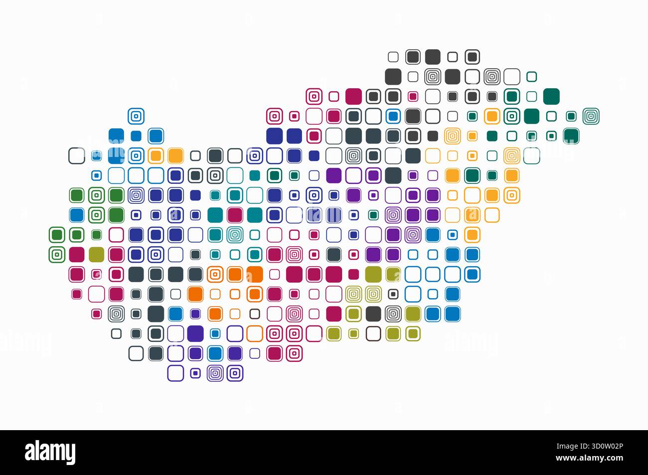 Ungheria, forma del paese costruito di celle colorate. Mappa digitale dell'Ungheria su sfondo bianco. Blocchi quadrati arrotondati di grandi dimensioni. Illustrazione Vettoriale