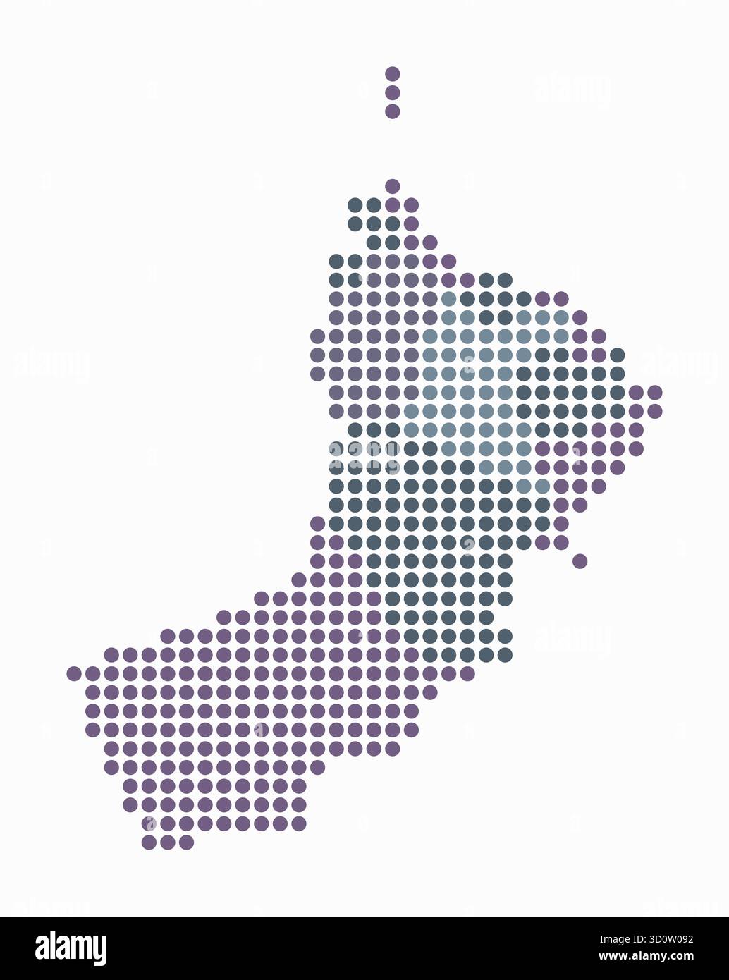 Mappa punteggiata dell'Oman. Mappa digitale del paese su sfondo bianco. Forma dell'Oman con punti circolari. Stile puntini colorati. Cerchi di grandi dimensioni. Illustrazione Vettoriale