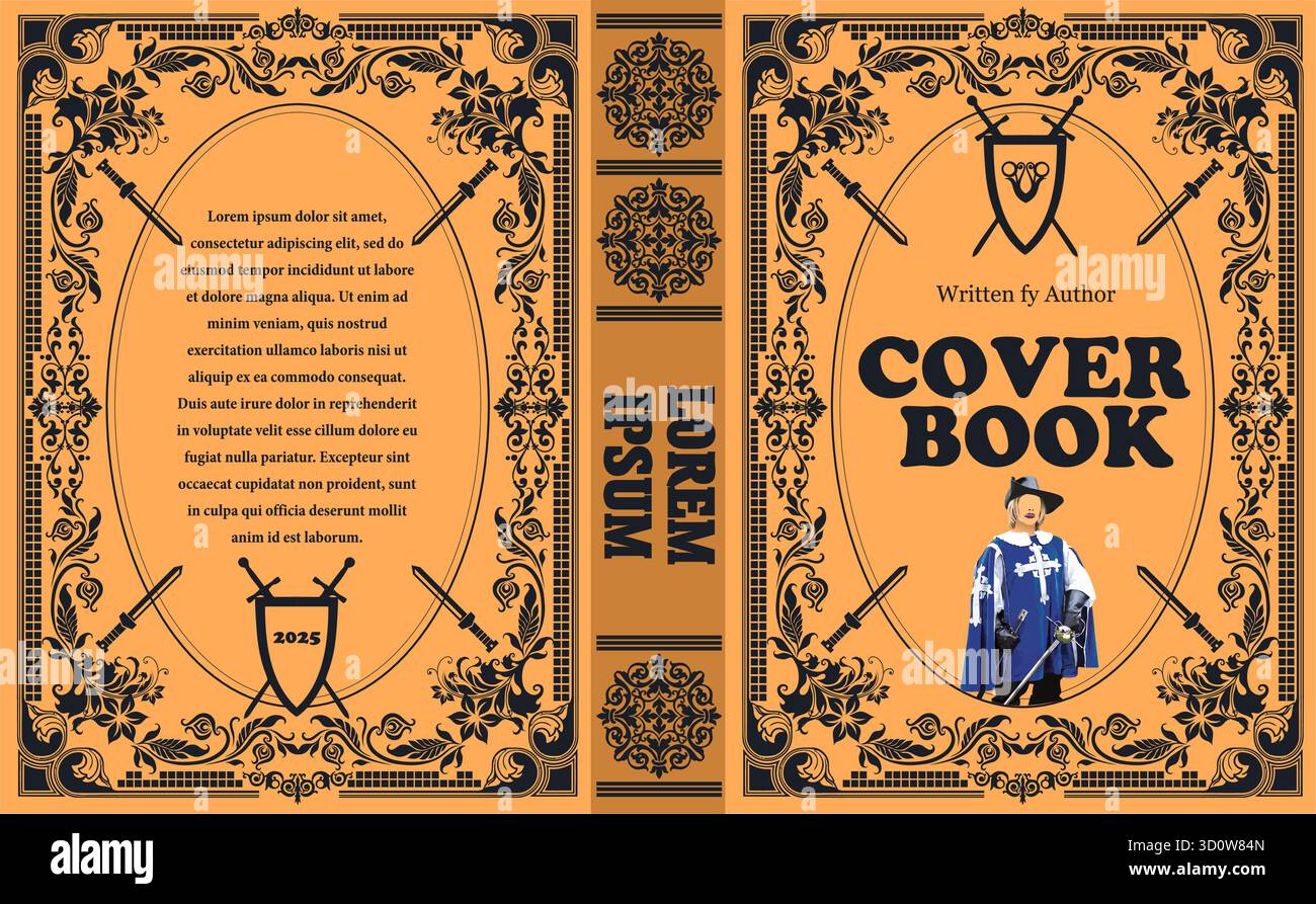 Copertina del libro con un personaggio moschettiere, ambientato su un elaborato sfondo vintage, perfetto per l'avventura storica o il genere fantasy Illustrazione Vettoriale