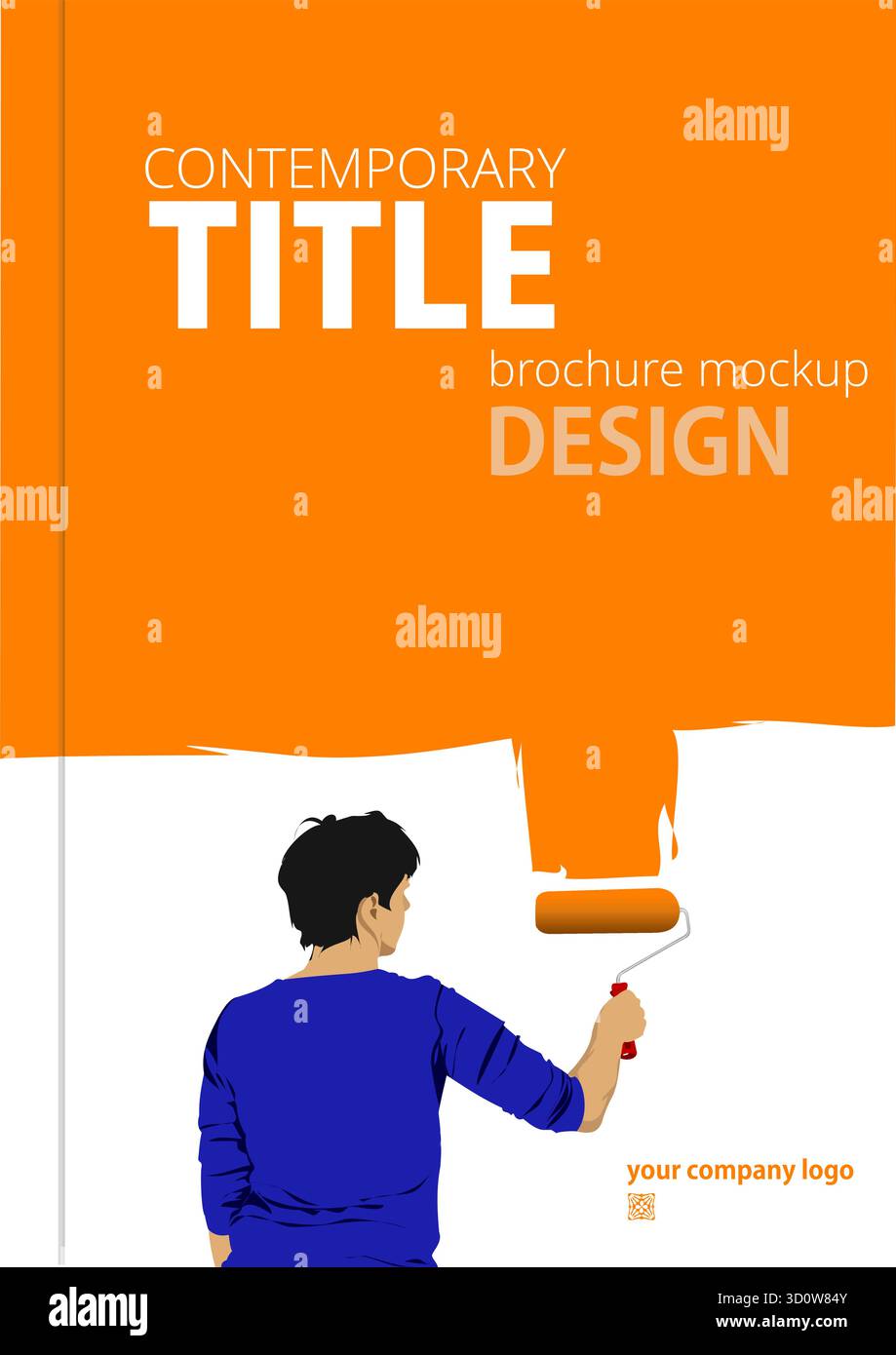 Uomo pittore che dipinge un muro arancione con un rullo per pittura. Titolo della brochure moderna Illustrazione Vettoriale
